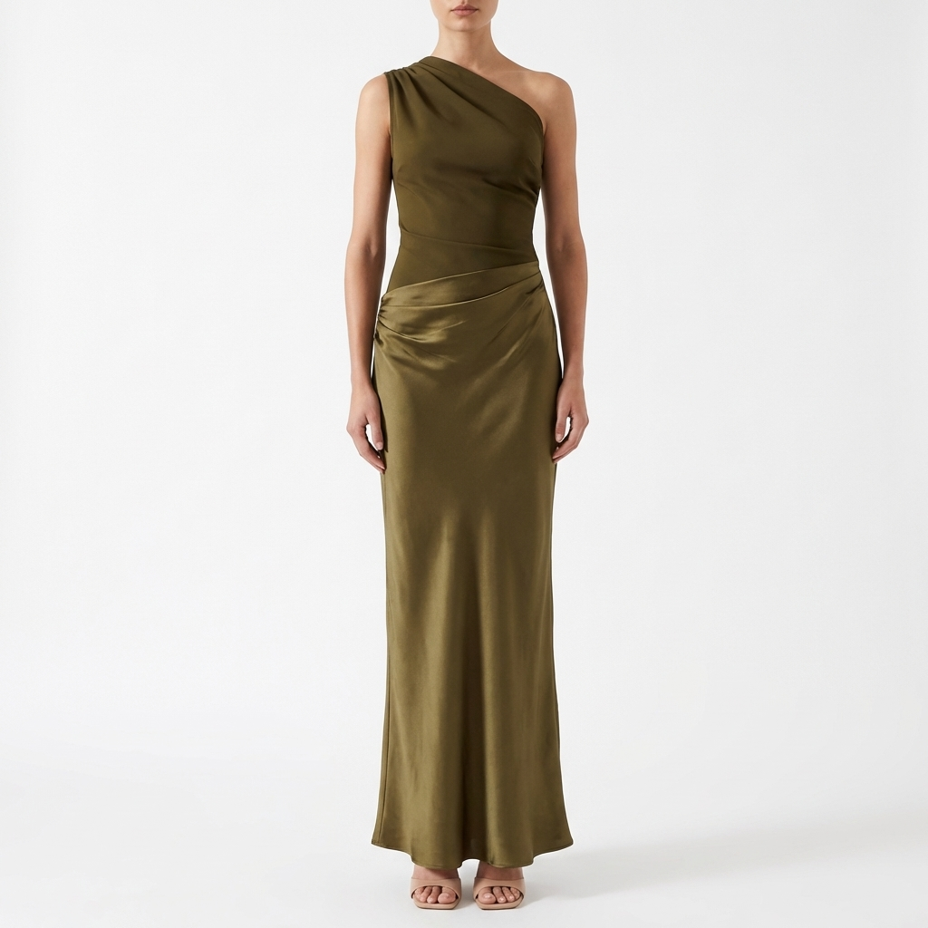 Women’s One-Shoulder Maxi Dress with Pleated Design and Asymmetric Silhouette