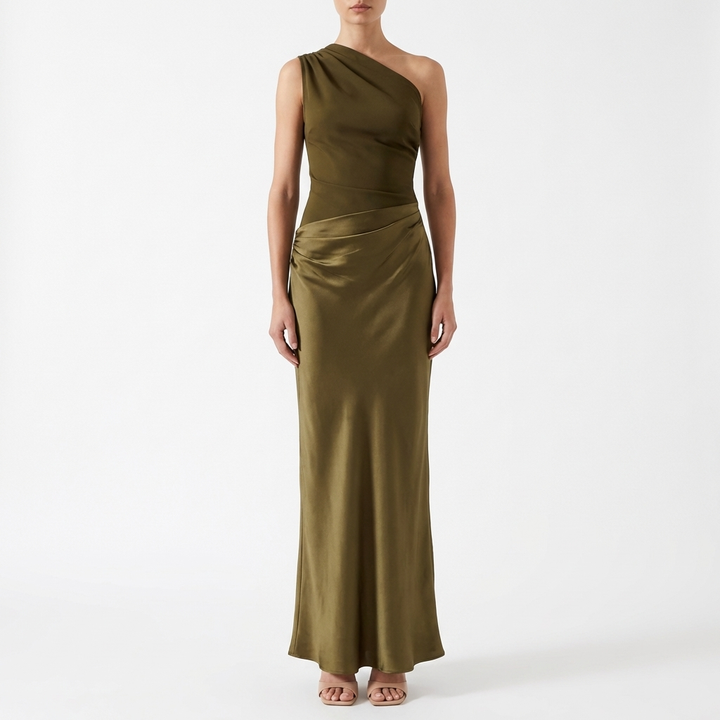 Women’s One-Shoulder Maxi Dress with Pleated Design and Asymmetric Silhouette