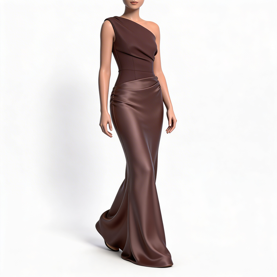 Women’s One-Shoulder Maxi Dress with Pleated Design and Asymmetric Silhouette