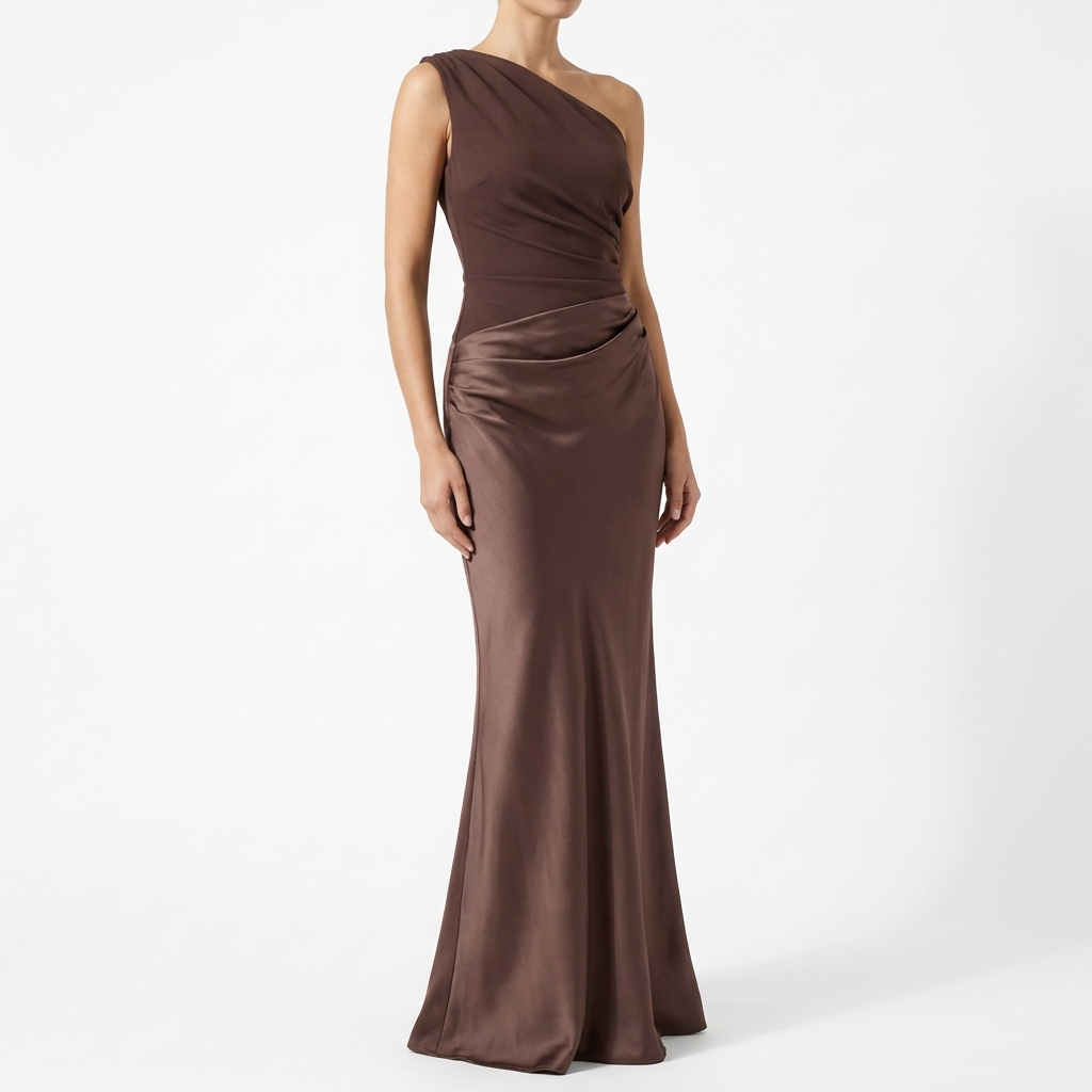 Women’s One-Shoulder Maxi Dress with Pleated Design and Asymmetric Silhouette