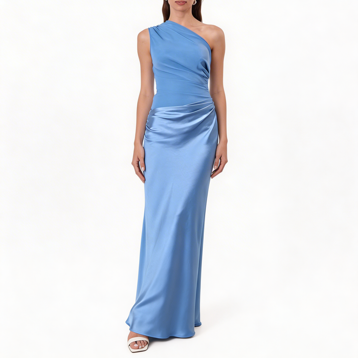 Women’s One-Shoulder Maxi Dress with Pleated Design and Asymmetric Silhouette