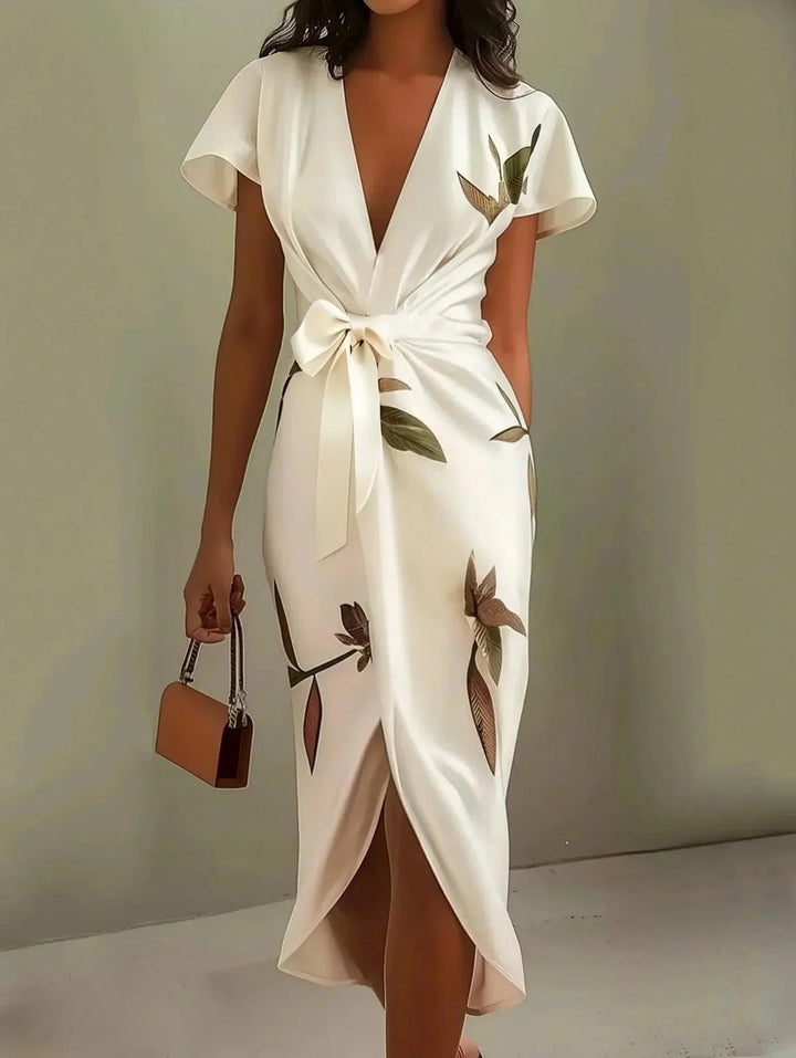 Wrap Dress | Adjustable Tie Belt, Delicate Leaf Print 0